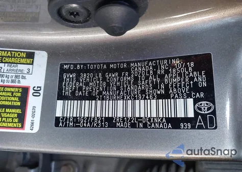 2019 Toyota Corolla Le z USA, uszkodzony, nr VIN 2T1BURHEXKC197463